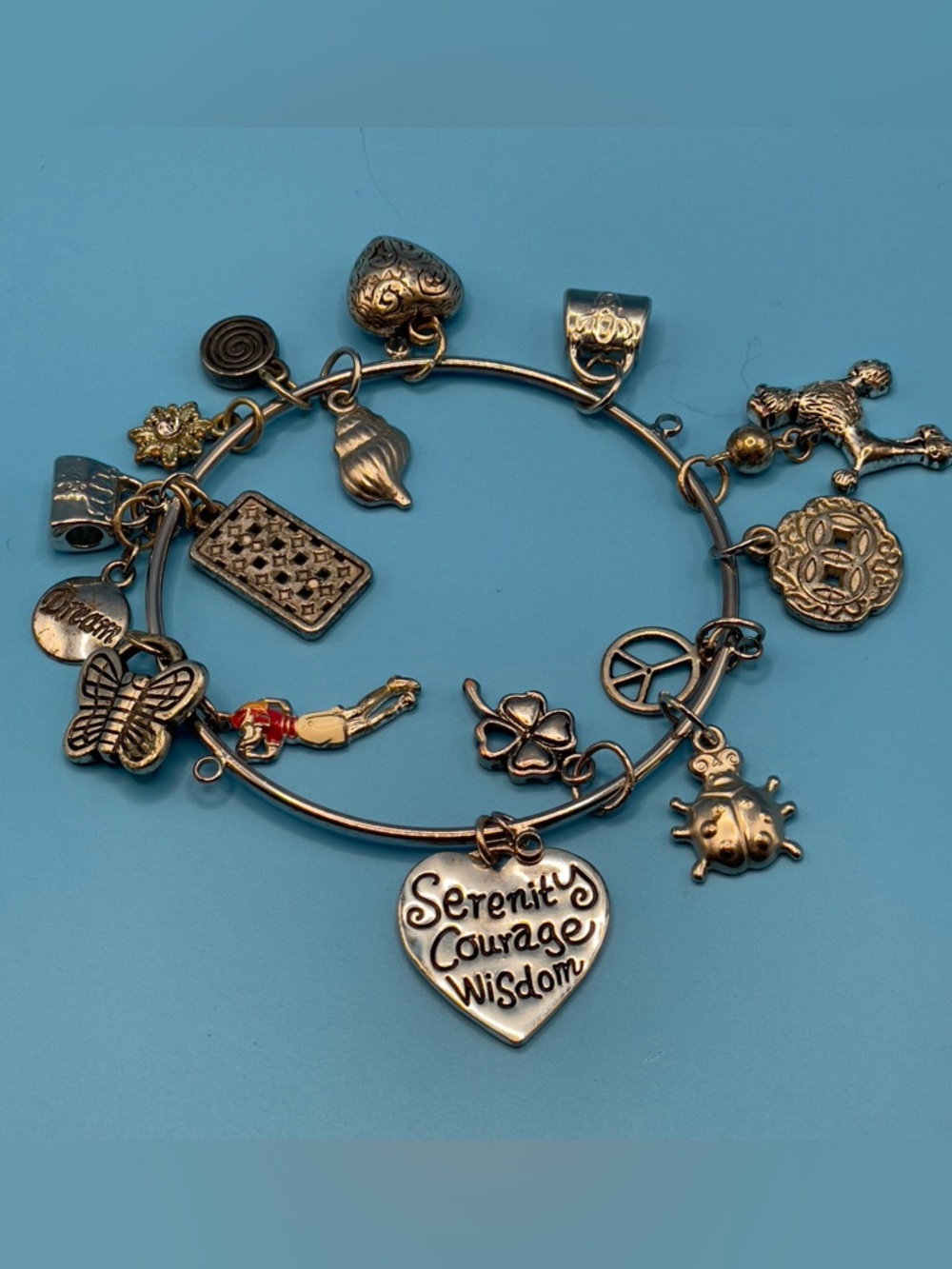 Serenity Loaded Charm Bangle • Turtle Mermaid Peace Clover • Gift Boxed - Picture 3 of 17